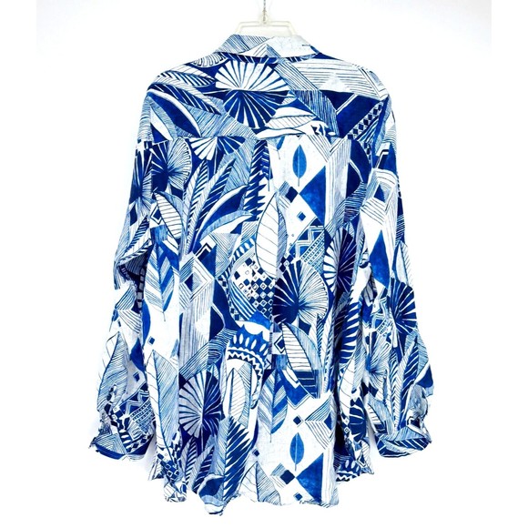 J. MCLAUGHLIN Women’s XL Blue Linen LS Button-Up Top Blouse Tropical Palm Floral - Picture 3 of 14
